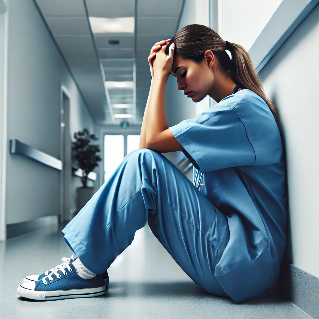 Burned out CNA sitting in hospital hallway