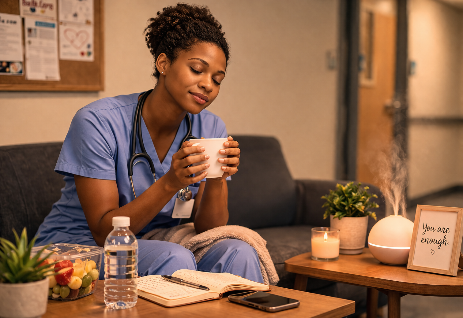 CNA taking a mindful self-care break with tea