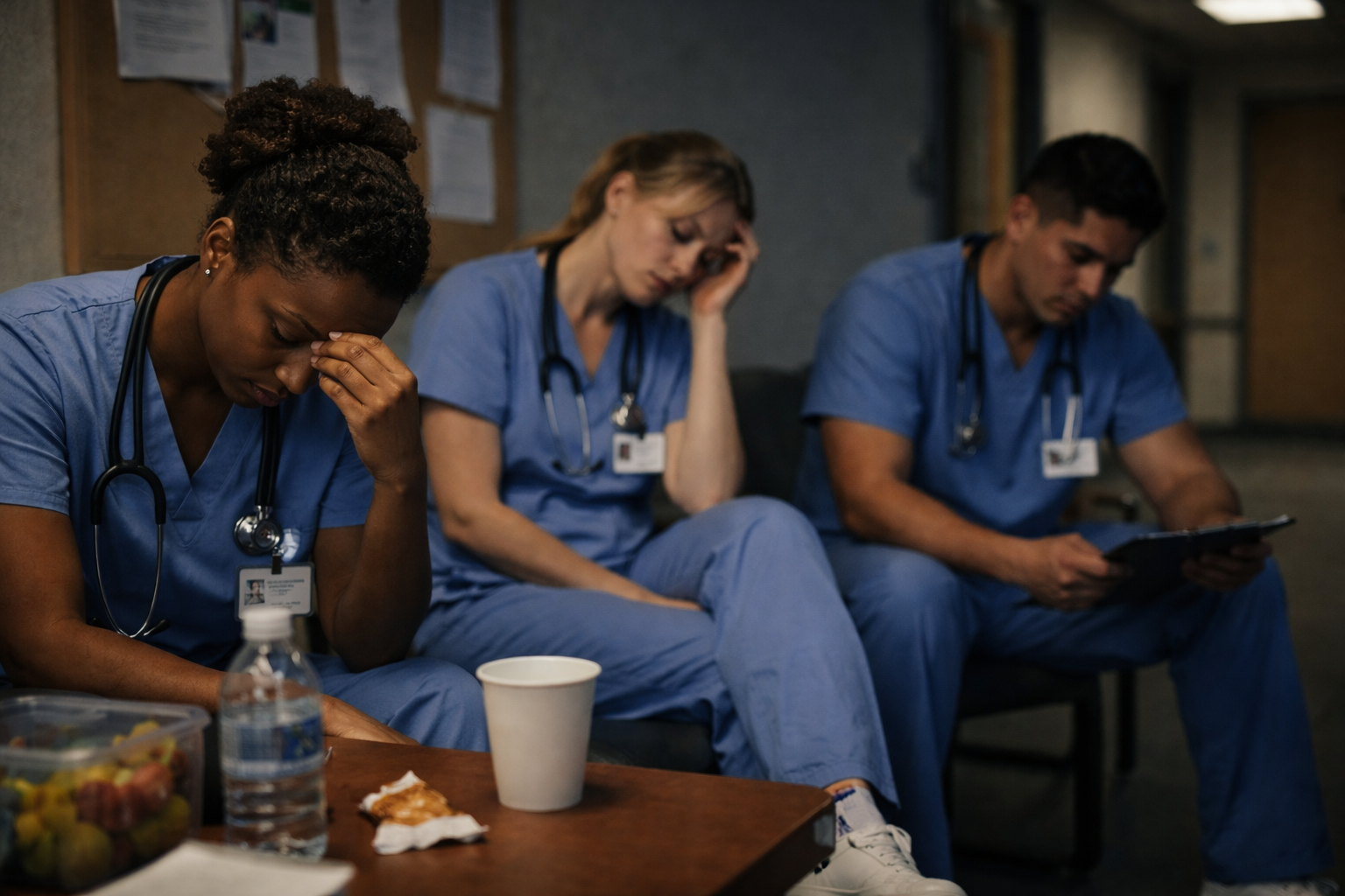 Exhausted CNA team in break room