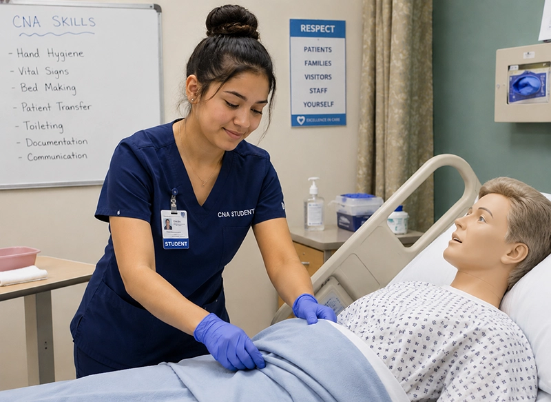 CNA student practicing clinical skills in a healthcare facility