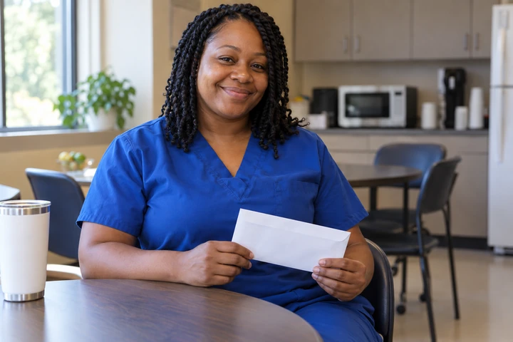 Map of the United States with a nursing assistant holding a paycheck