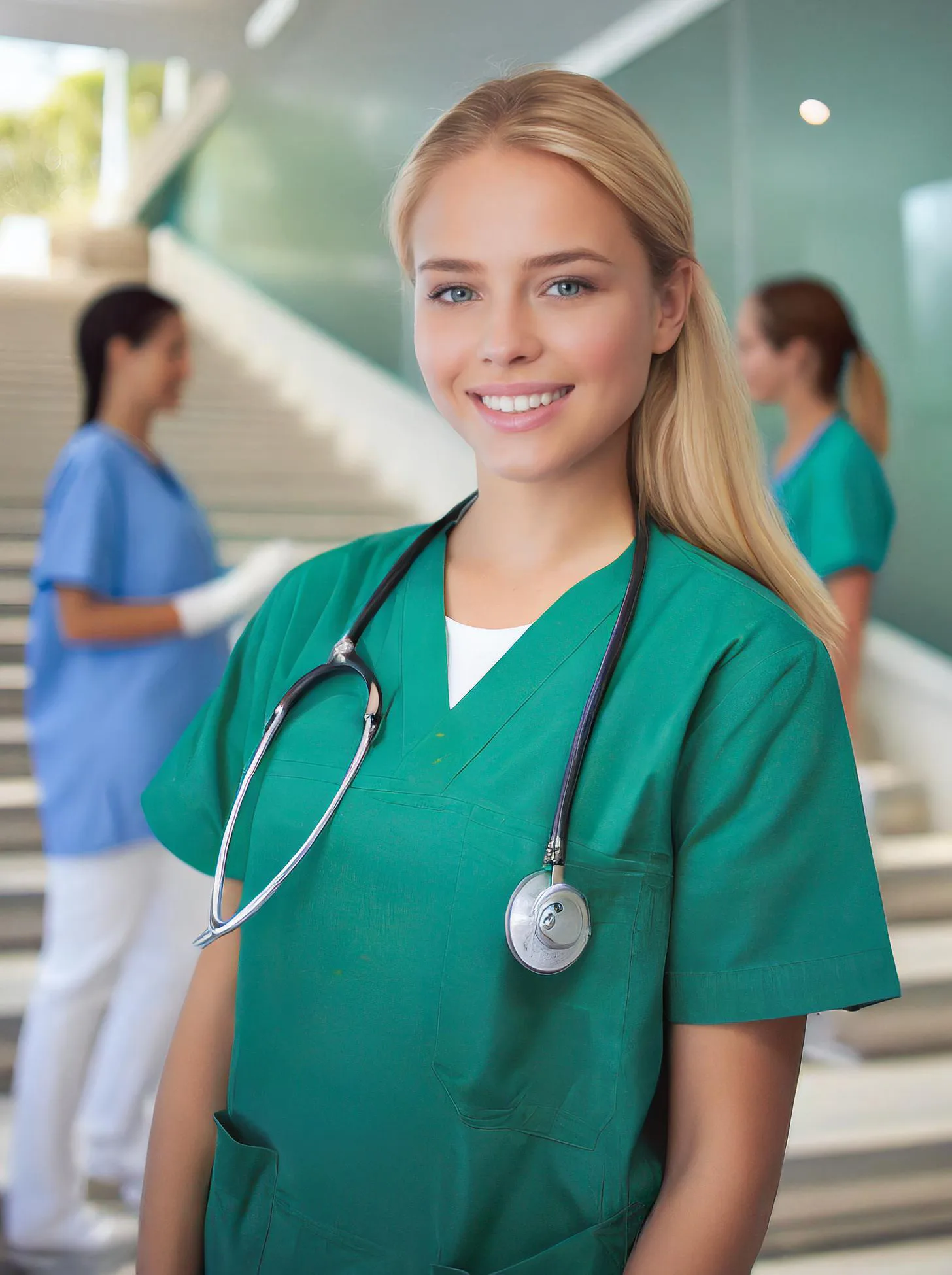 Smiling nursing assistant in scrubs with a stethoscope