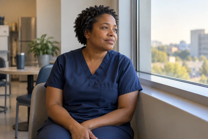 Tired nursing assistant taking a quiet break by a window