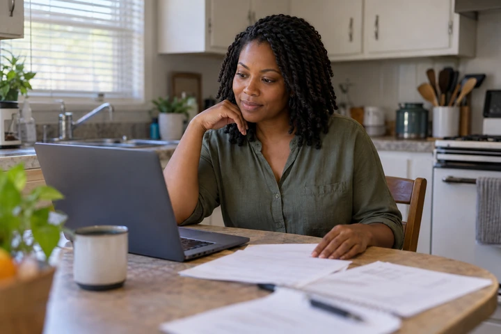 Woman reviewing paperwork at a kitchen table before applying for a CNA program