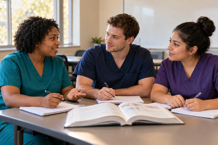 Nursing assistant students studying together with a textbook