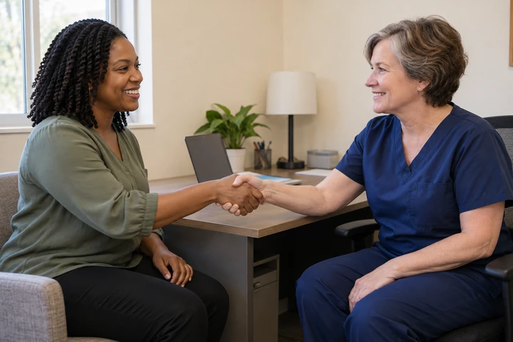 Nursing assistant job candidate shaking hands with a nurse manager in an office