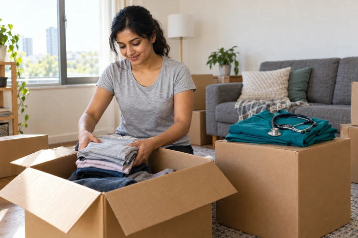 Nursing assistant packing moving boxes with scrubs and a stethoscope on top