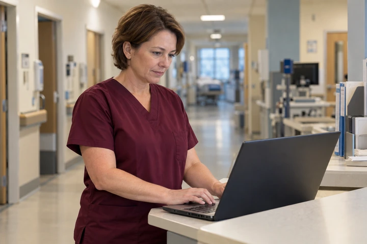 Nursing assistant checking her certification renewal on a laptop
