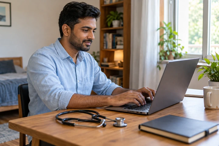 Person writing a resume on a laptop with a stethoscope on the desk