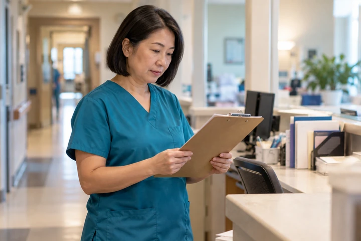 Licensed practical nurse in scrubs reviewing a chart at a nurses station
