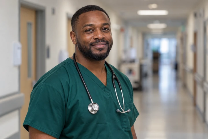 Registered nurse in scrubs with a stethoscope smiling in a hospital hallway