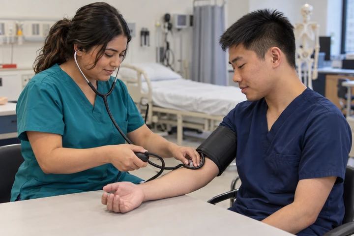 Nursing assistant student practicing taking a blood pressure reading