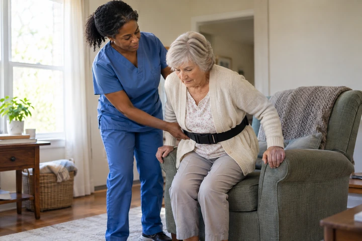 Caregiver helping an older woman stand up from a chair at home