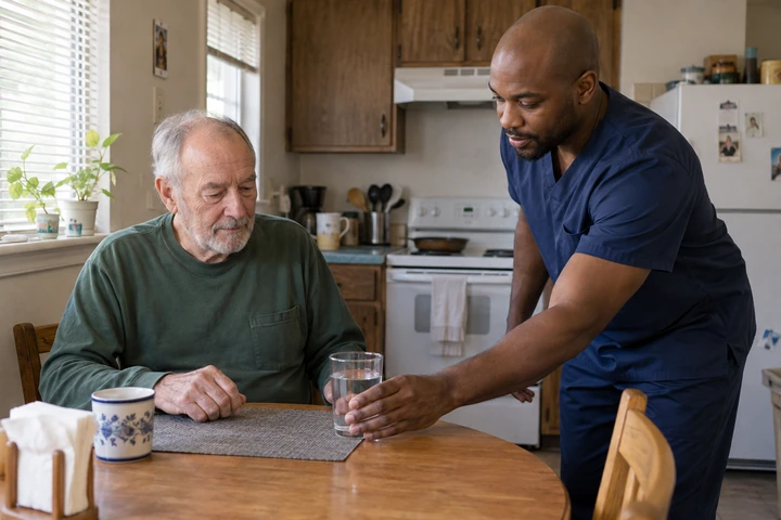 A home health aide caring for a client at home in Colorado