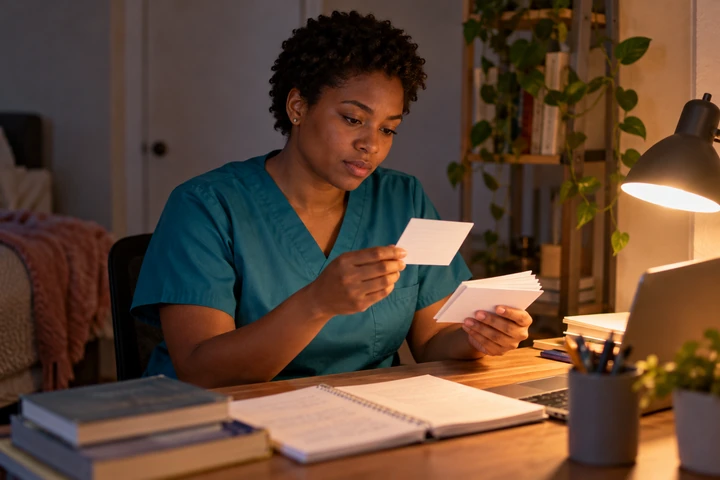 Nursing assistant student studying flashcards at a desk