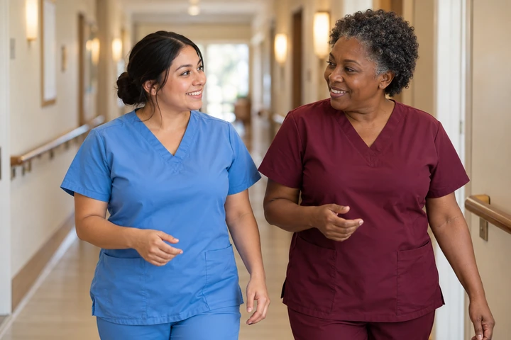 New nursing assistant in scrubs smiling with a senior coworker in a hallway