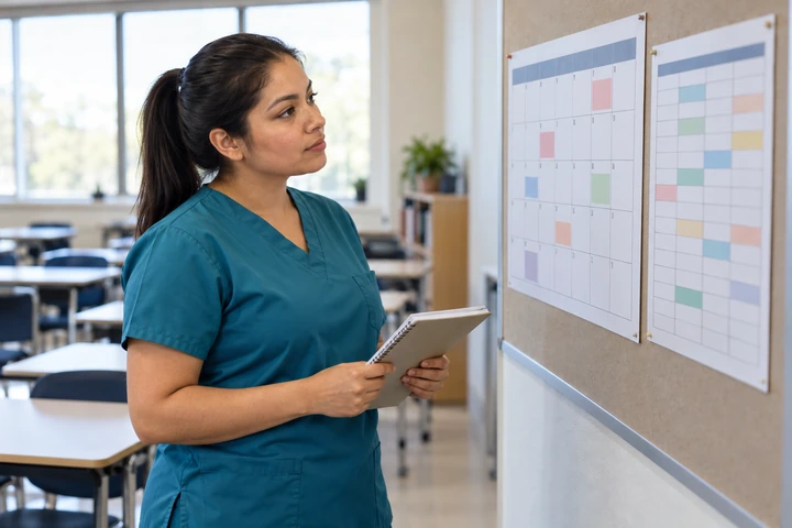 Nursing assistant student checking a calendar and class schedule