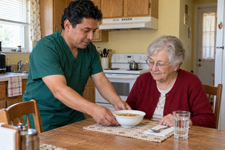 A home health aide caring for a client at home in Indiana