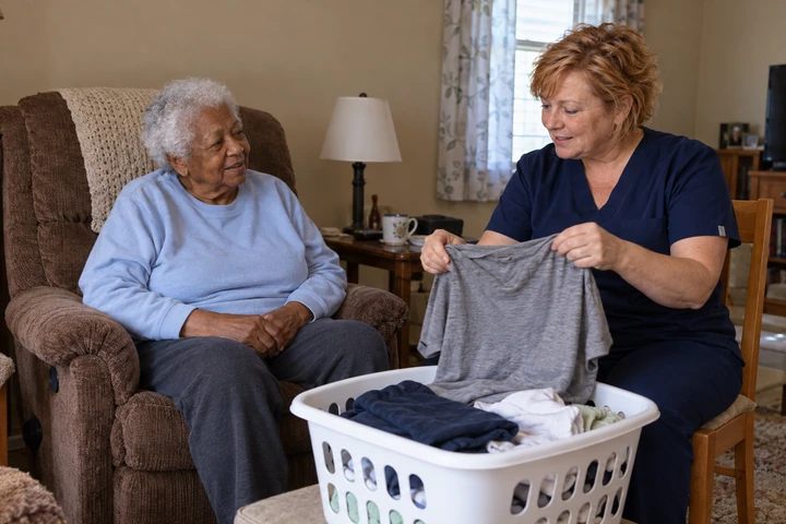 A home health aide caring for a client at home in Iowa