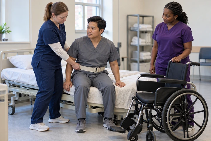 Nursing assistant students practicing a patient transfer in a skills lab