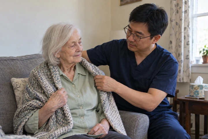 A home health aide caring for a client at home in Maine