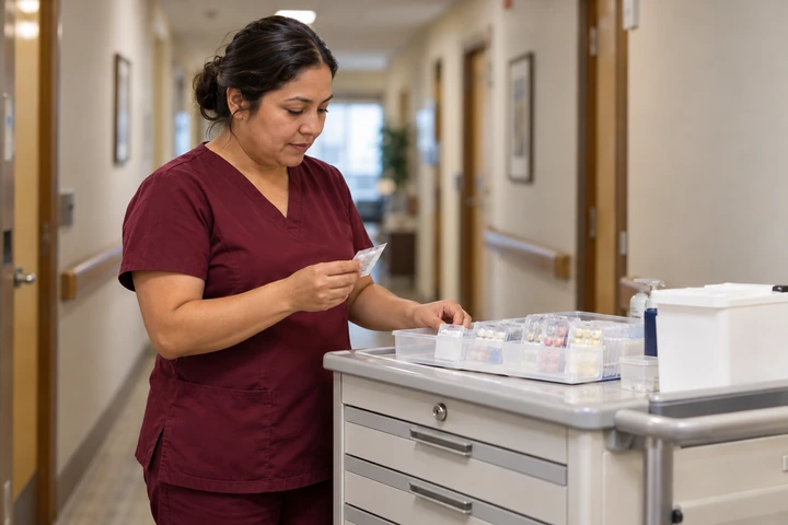 Medication aide checking a medication cart in a nursing home hallway