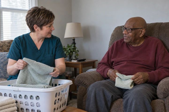A home health aide caring for a client at home in Michigan