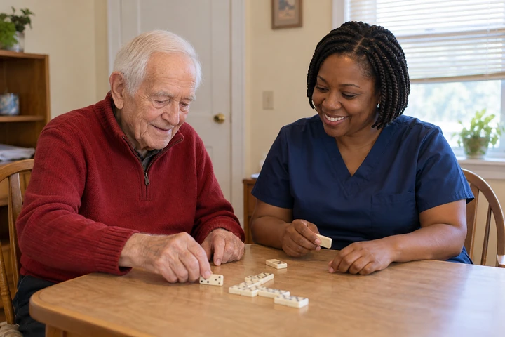 A home health aide caring for a client at home in New Hampshire