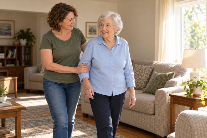 Adult daughter helping her elderly mother walk in a sunny living room